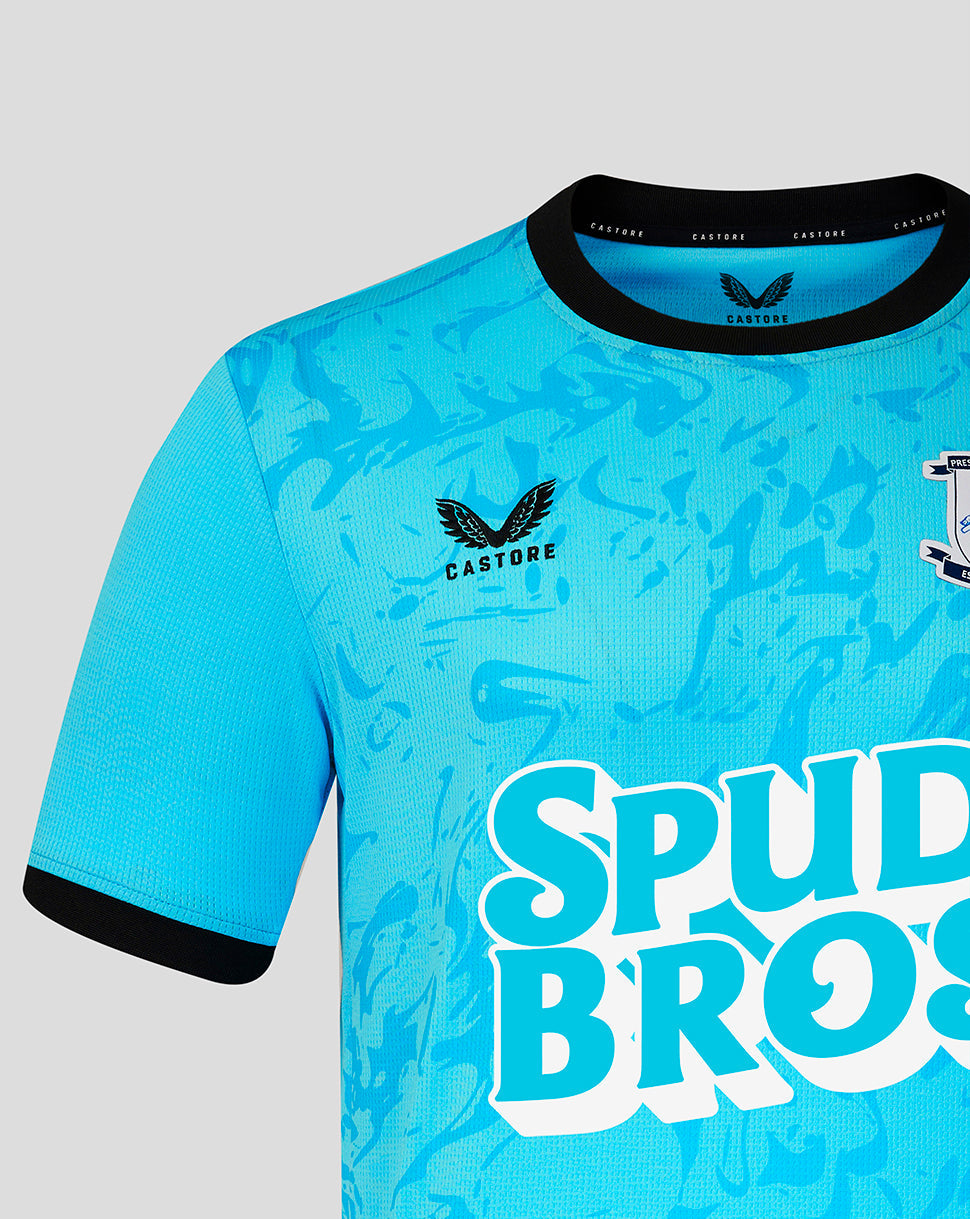 Blue sports jersey with 'Spud Bros' text and Castore logo on a gray background