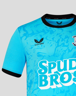 Blue sports jersey with 'Spud Bros' text and Castore logo on a gray background