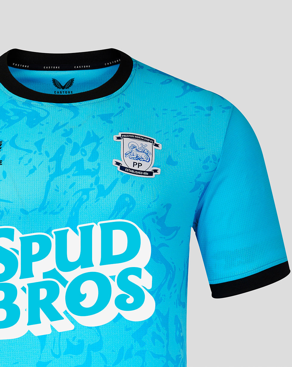 Blue sports jersey with 'Spud Bros' text and logo on a light gray background