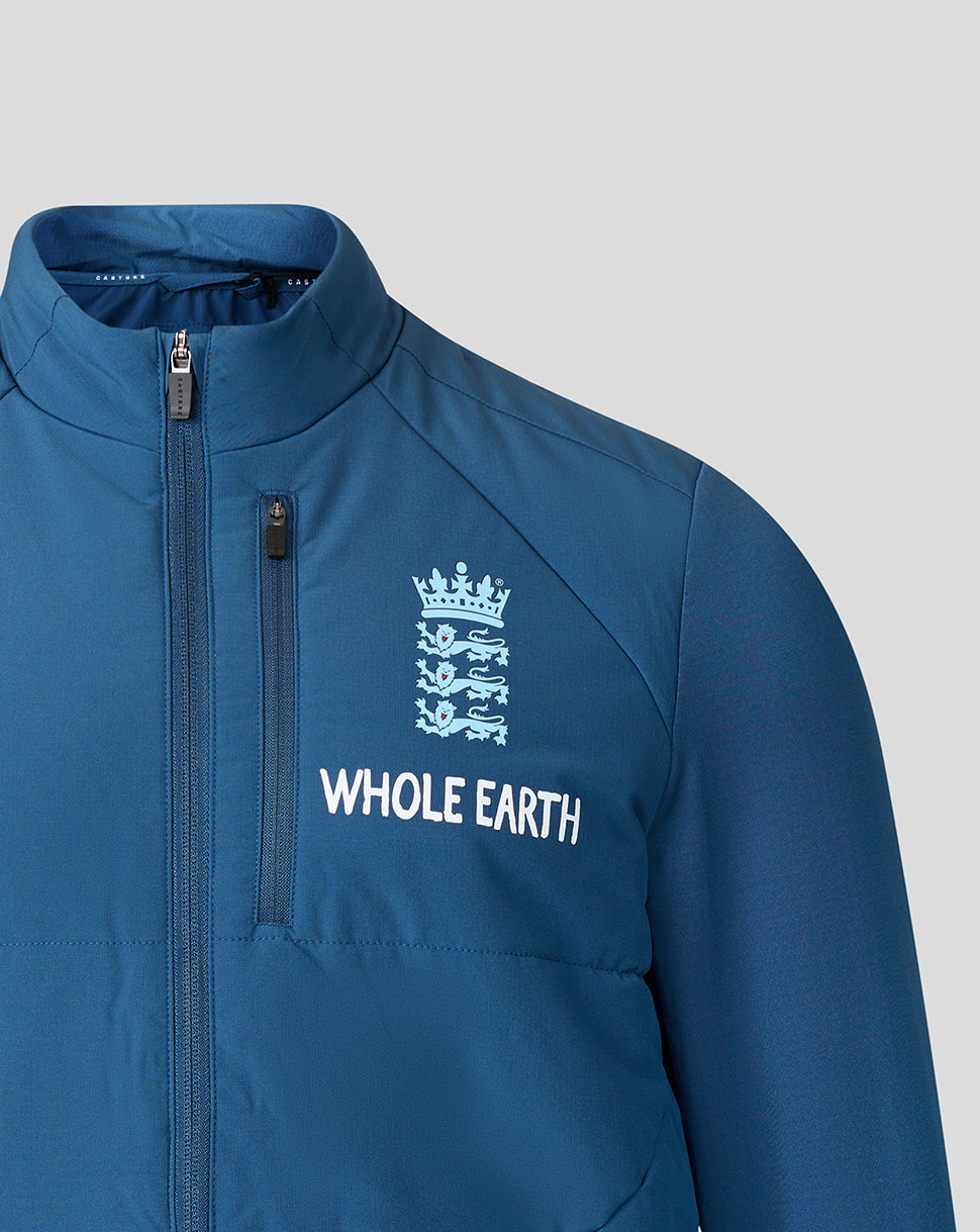 Blue jacket with 'Whole Earth' logo on a gray background
