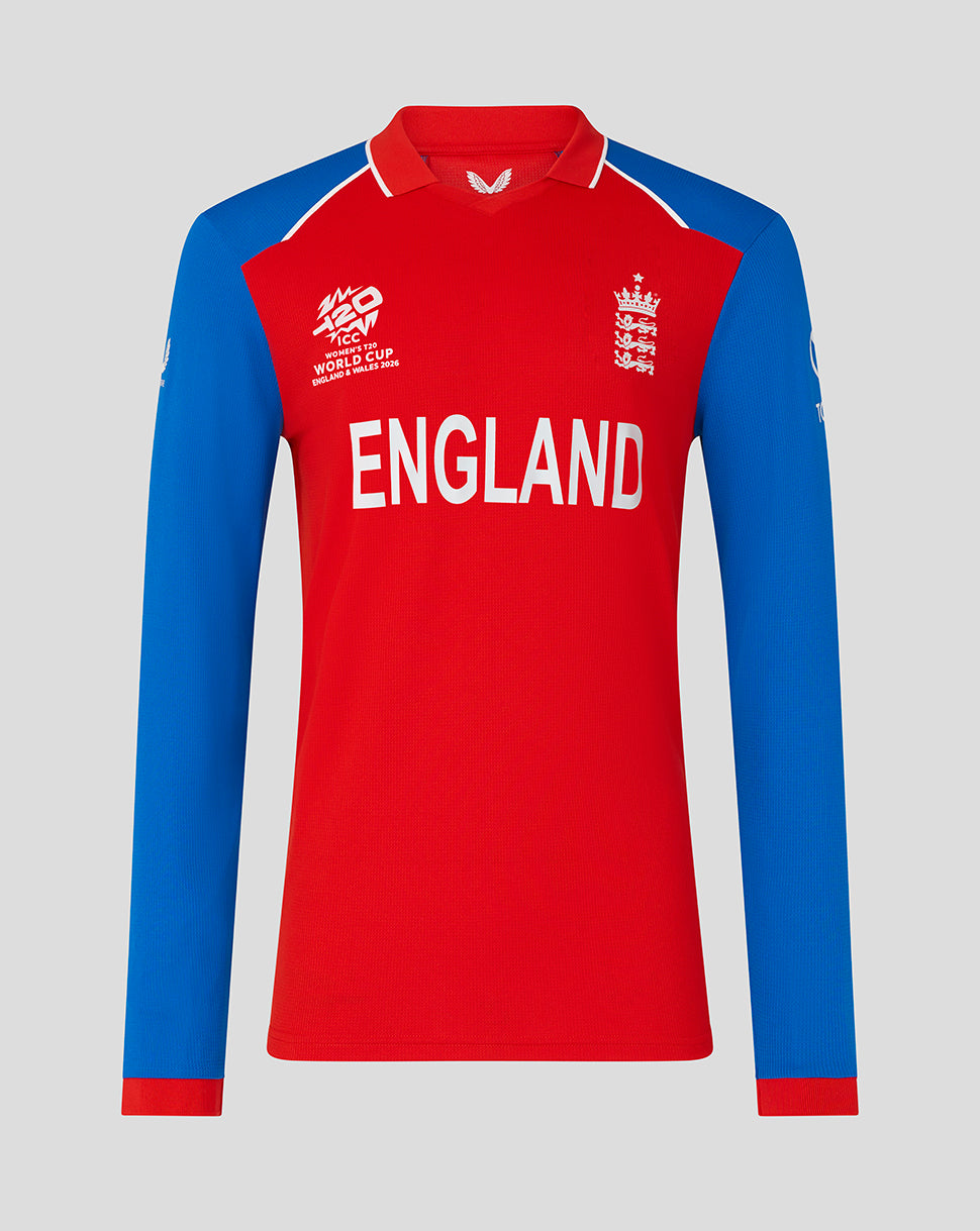 Red and blue England sports jersey on a gray background