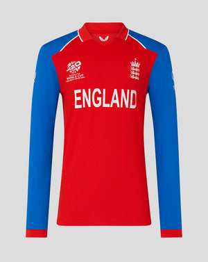 Red and blue England sports jersey on a gray background