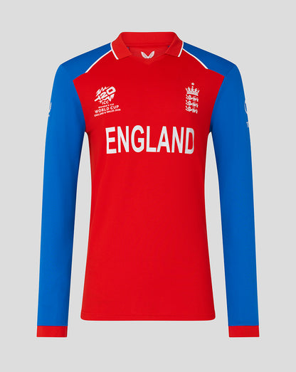 Red and blue England sports jersey on a gray background