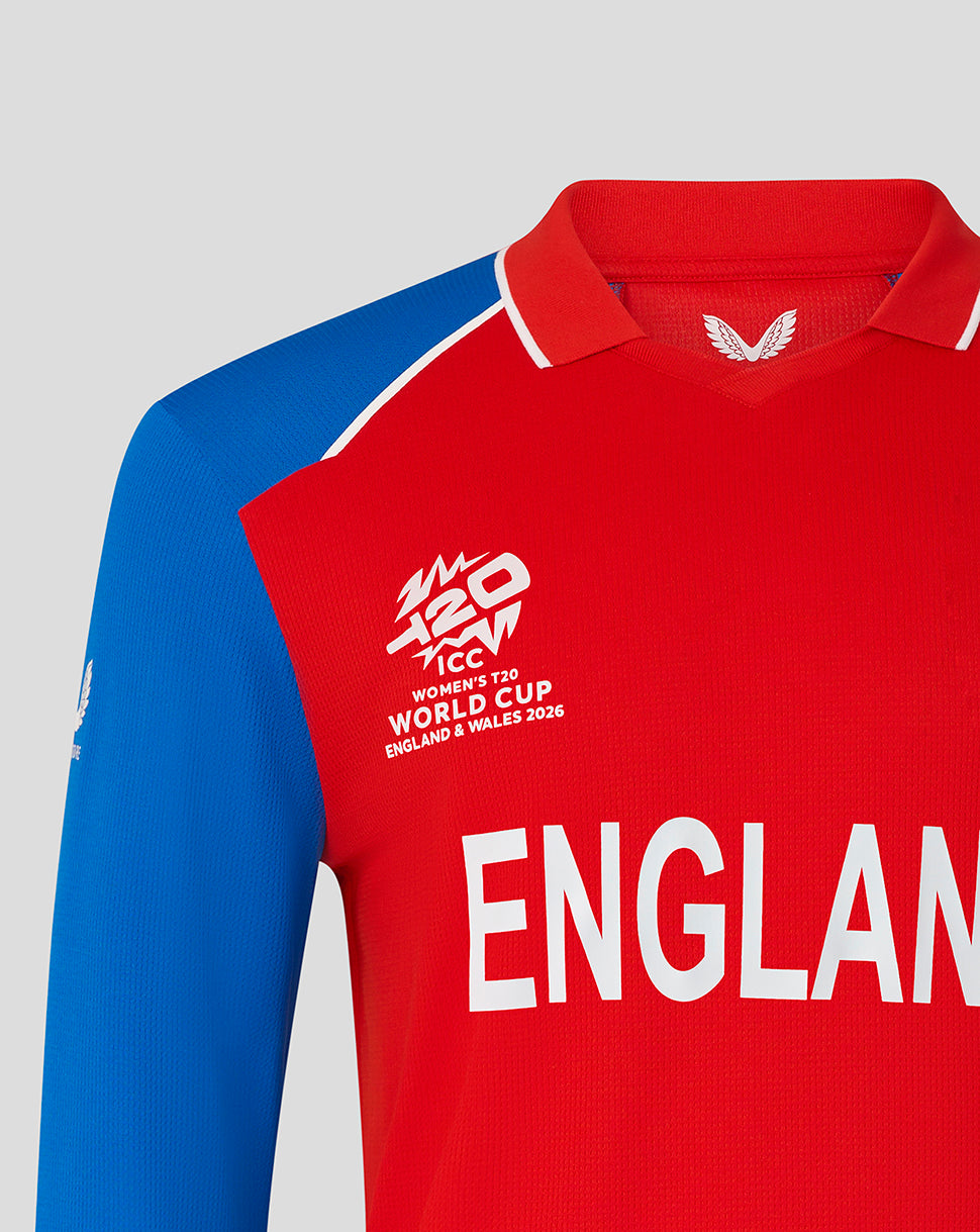 Red and blue sports jersey with 'England' and ICC T20 World Cup branding on a gray background