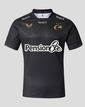 Back view of Saracens 2026/27 Home Pro Shirt in dark purple with a large white sponsor block and Pharmacy2U Kumho Tyre and Wilo logos.