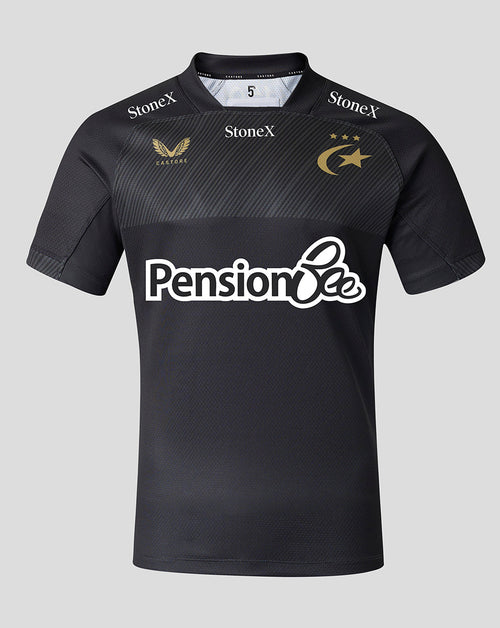 Back view of Saracens 2026/27 Home Pro Shirt in dark purple with a large white sponsor block and Pharmacy2U Kumho Tyre and Wilo logos.