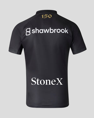 Back view of black Saracens 2026/27 Home Pro Shirt with gold 150 at the neck and large StoneX sponsor across the back