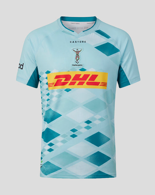 Harlequins 2026/27 away replica shirt in light blue with DHL sponsor and geometric diamond pattern