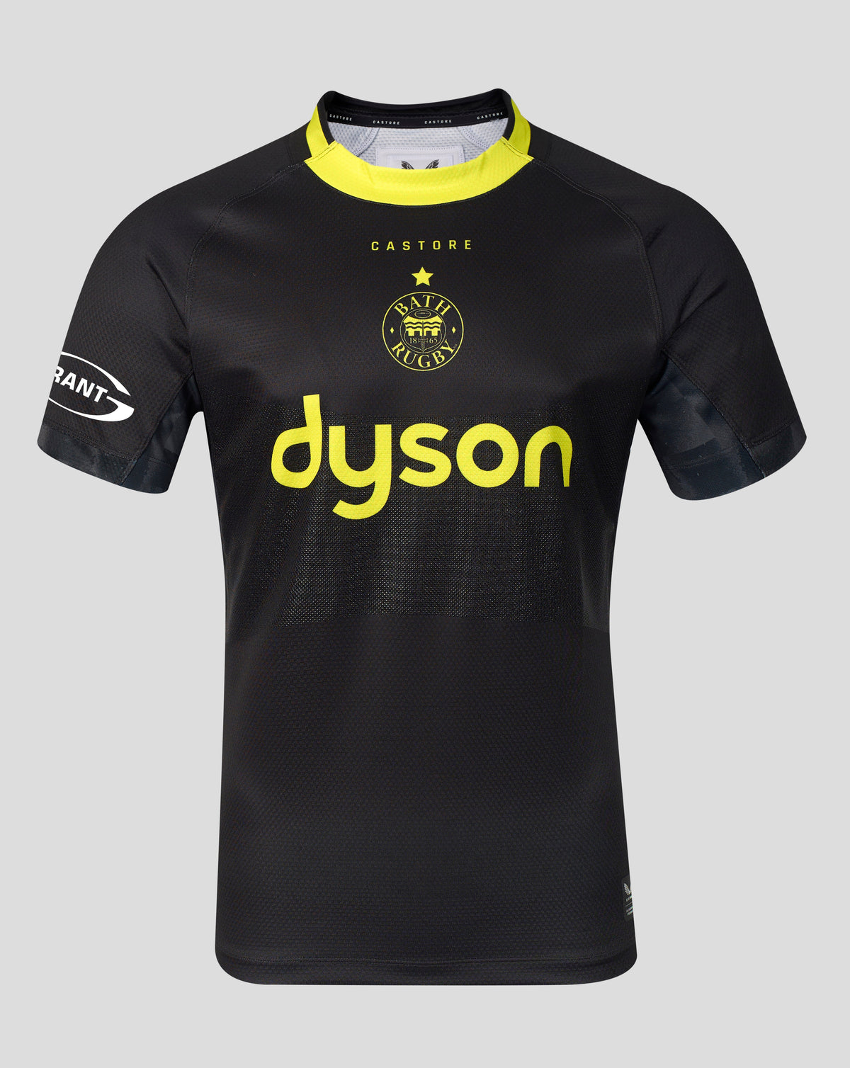 Front view of black Bath Rugby European Pro Shirt with neon yellow collar and Dyson branding across the chest.