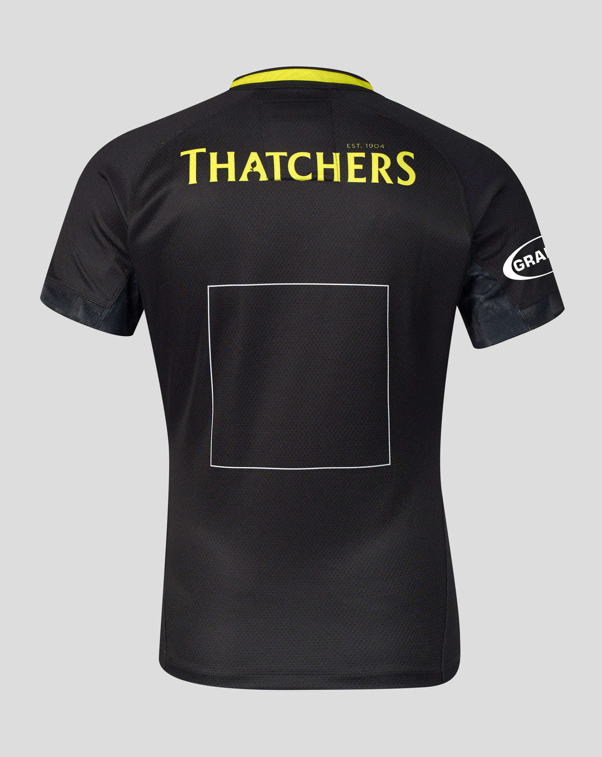 Back view of black Bath Rugby Pro Shirt with large yellow Thatchers logo across the upper back and neon collar.