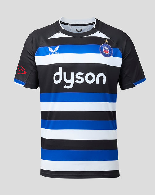 Front view of Bath Rugby 2026/27 Home Replica Shirt with bold hooped design and Dyson sponsor.
