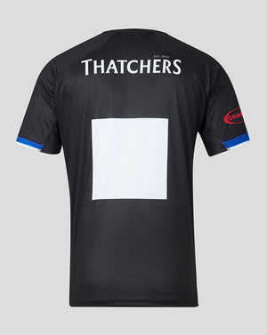 Back view of Bath Rugby 2026/27 home shirt in black with THATCHERS text and a white square back panel.