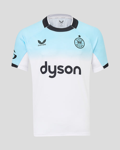 Bath Rugby away shirt front view with light blue upper and white lower panel, Bath crest and Dyson sponsor.