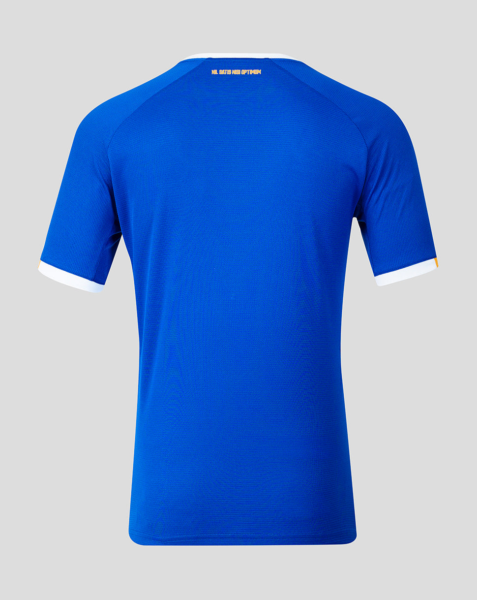 Blue t-shirt with white trim on a gray background
