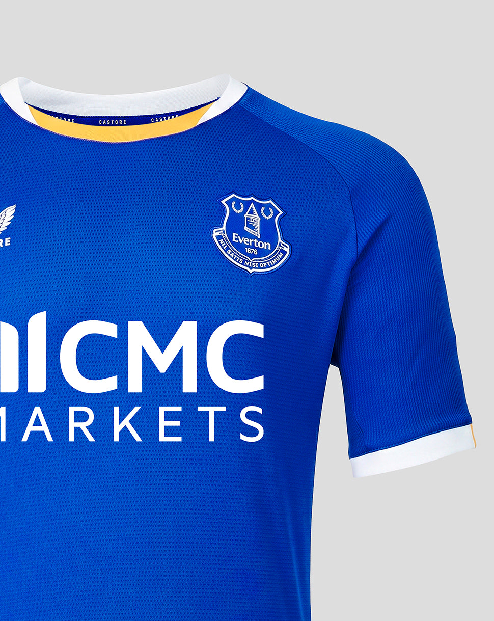Blue sports jersey with branding on a gray background