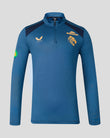 Front view of blue Leicester Tigers Training Quarter Zip Top with gold tiger crest and Castore branding, dark shoulder panels and quarter zip collar.