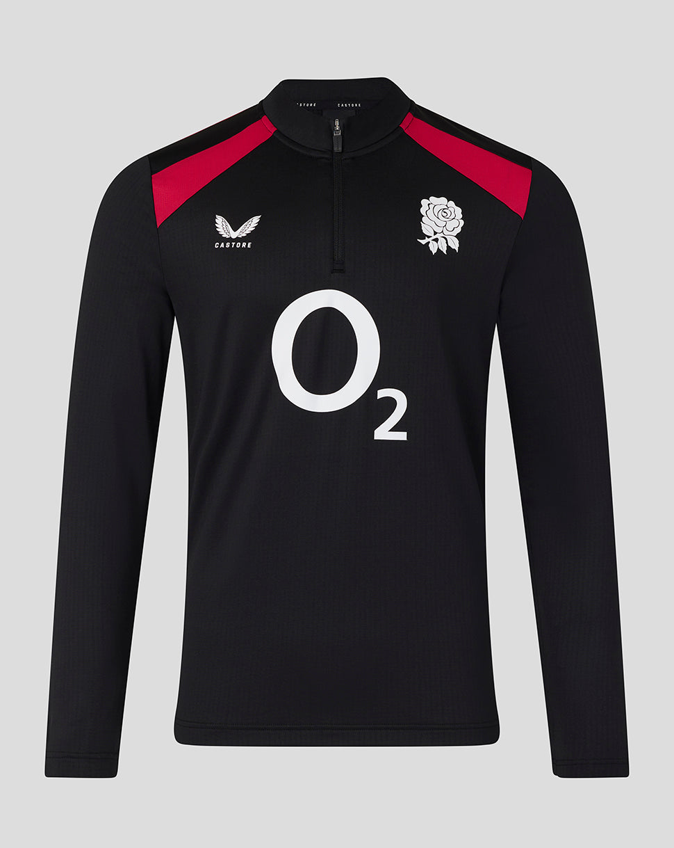 Black long-sleeve sports shirt with red accents and logos on a gray background