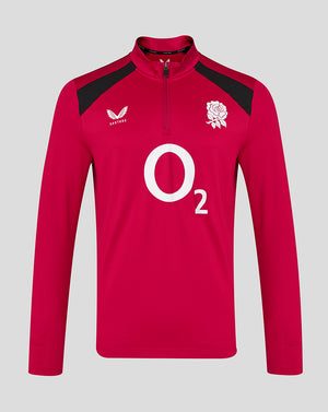 Red sports jersey with black shoulders and white logos on a gray background