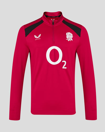 Red sports jersey with black shoulders and white logos on a gray background