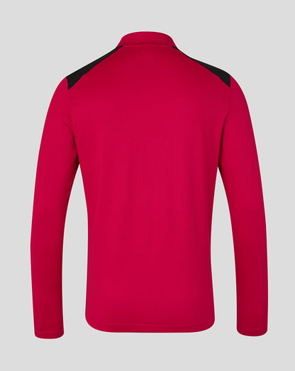 Red jacket with black accents on a gray background