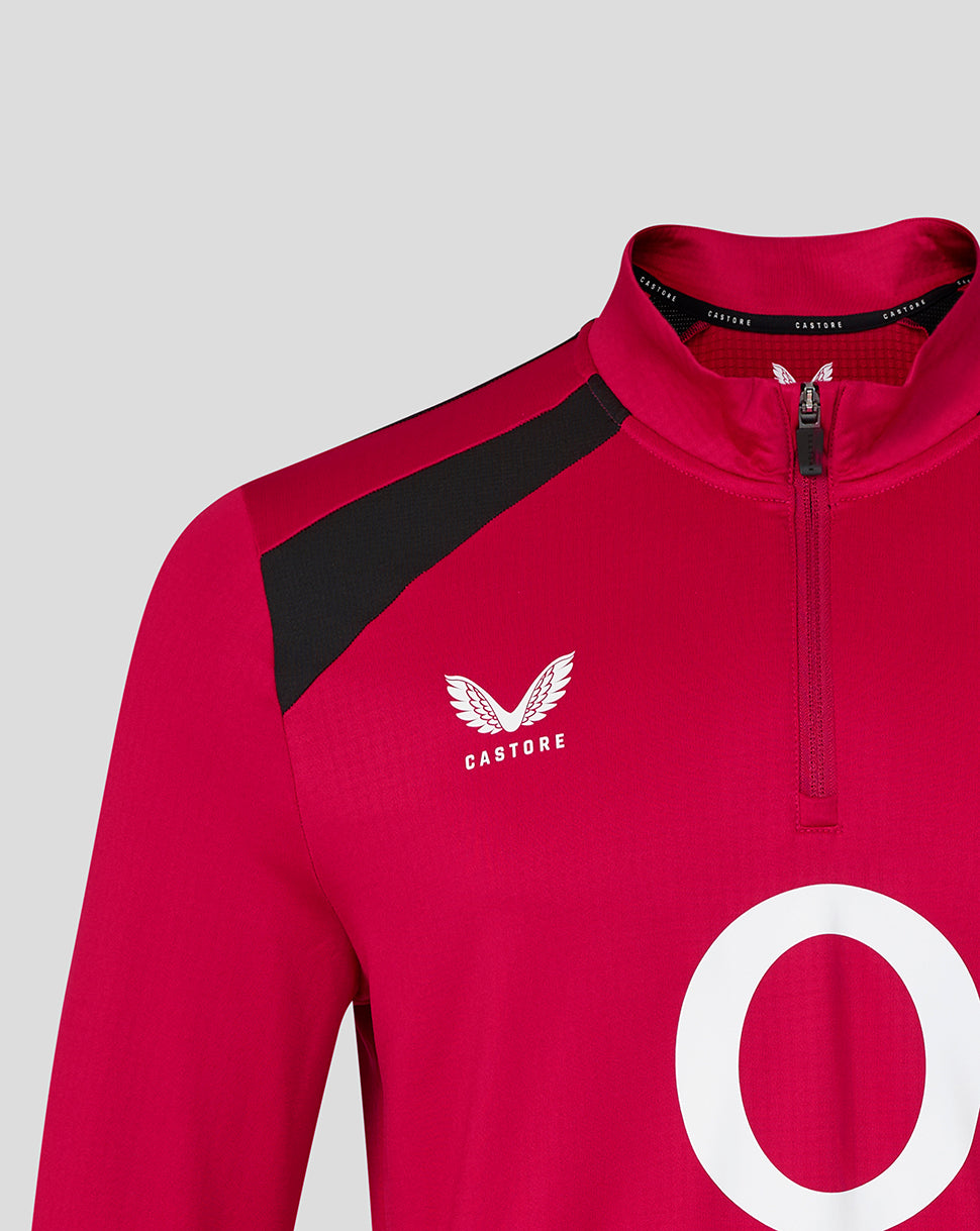 Red sports jersey with black shoulder panels and a visible brand logo on a light gray background