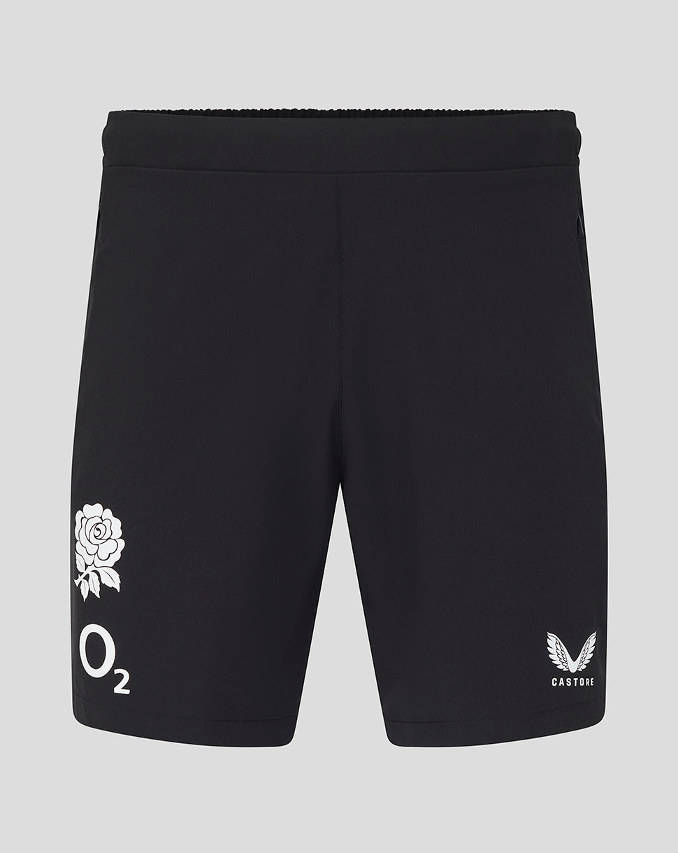 Black shorts with white logos on a gray background