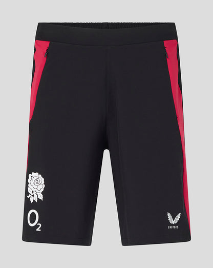 Black athletic shorts with red accents and logos on a gray background