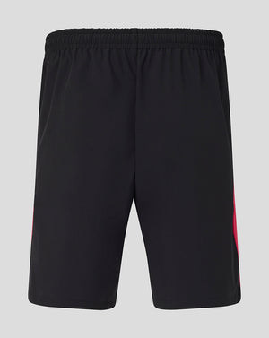 Black shorts with a red stripe on a light gray background