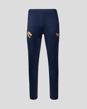 Front view of navy Leicester Tigers training pants with gold logos on the thighs and zipped pockets.