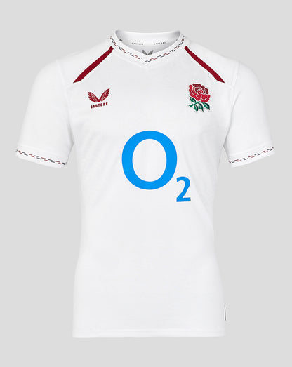 White rugby jersey with red accents, a rose emblem, and 'O2' branding on a gray background