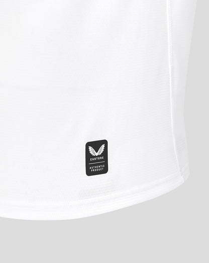 White t-shirt with a black logo on a white background
