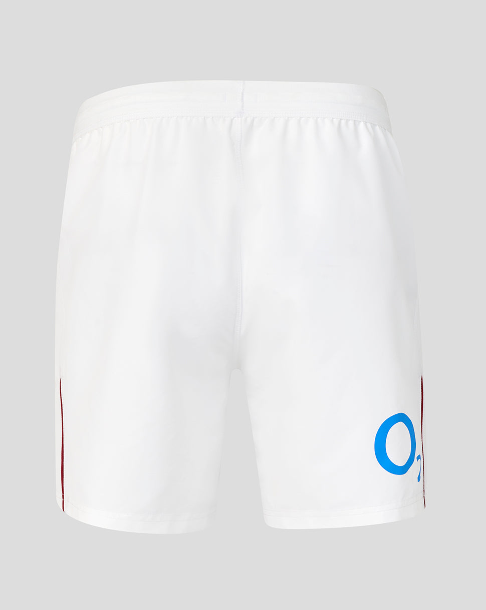 White shorts with a brand logo on a light gray background