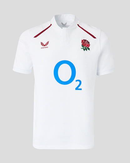 White sports jersey with red accents, a rose emblem, and 'O2' branding on a gray background