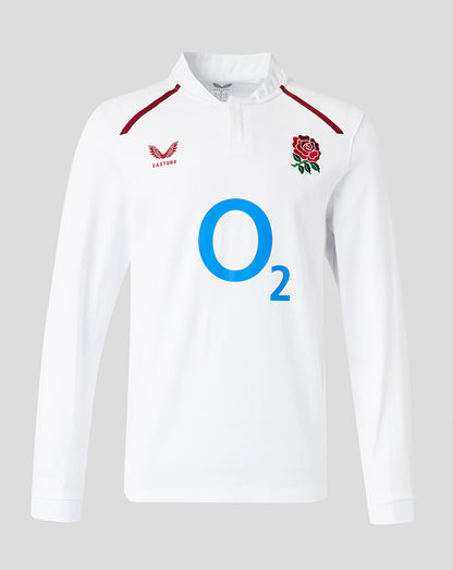 White sports jersey with red accents and branding on a gray background