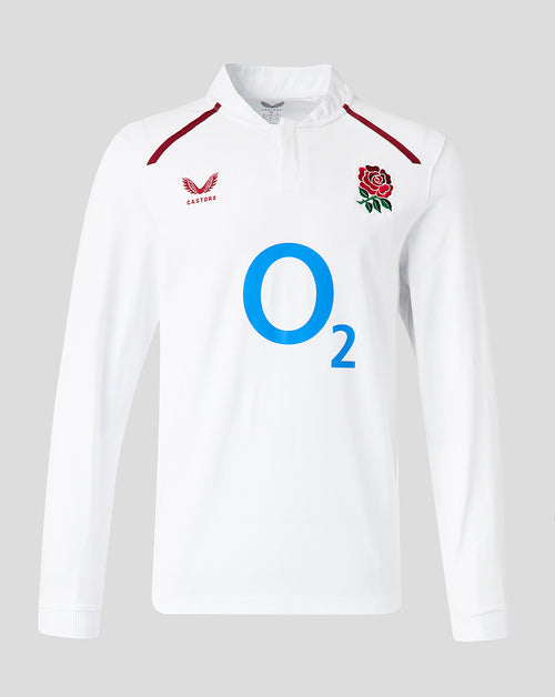 White sports jersey with red accents and branding on a gray background