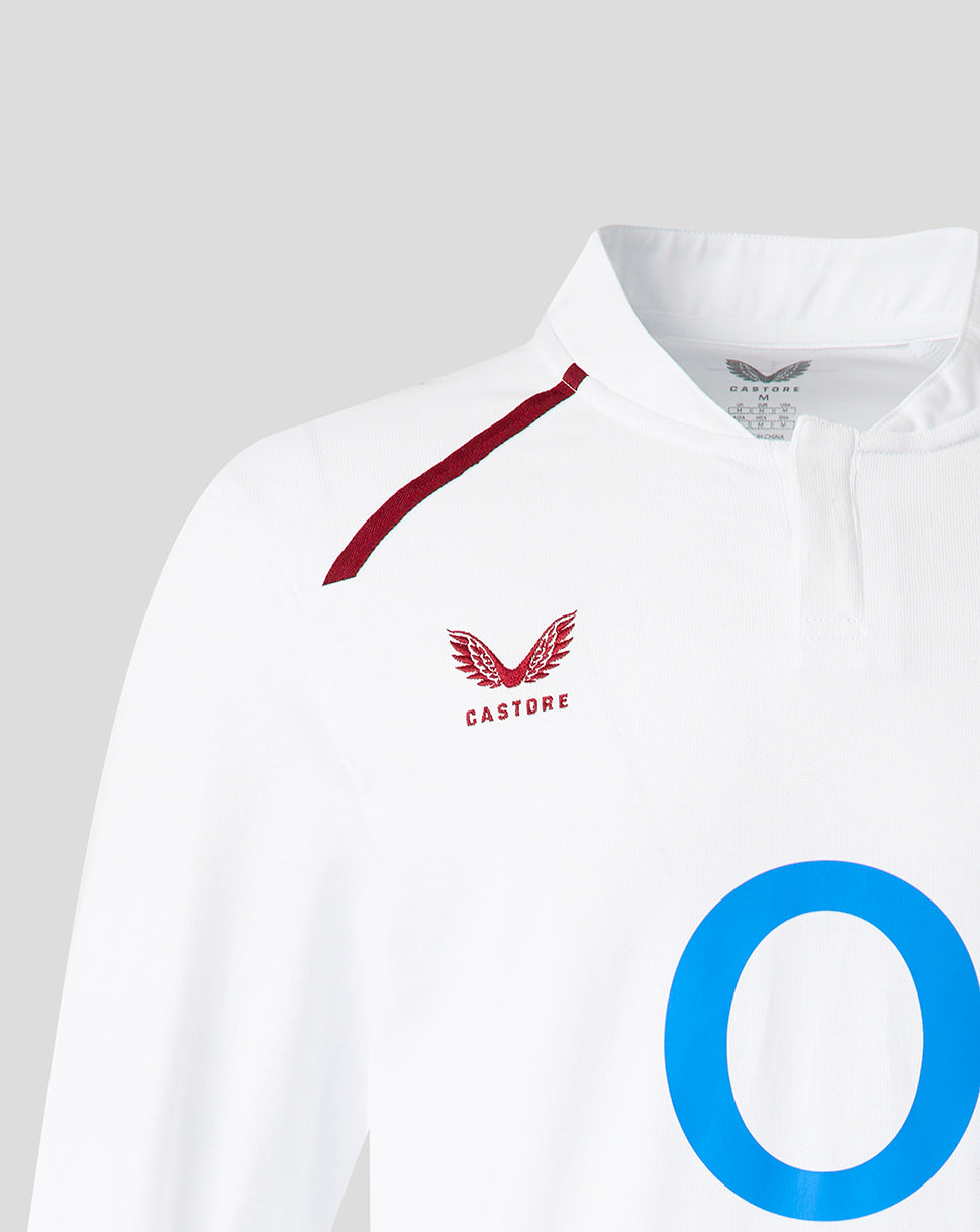 White rugby jersey with red accents and 'Castore' branding on a light gray background
