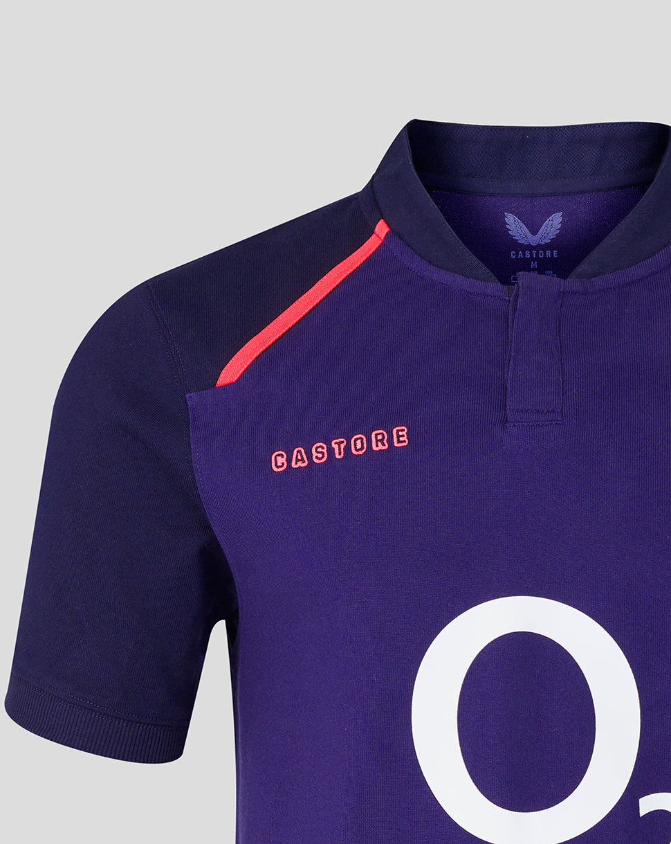 Purple rugby jersey with red accents and 'Castore' branding on a light gray background