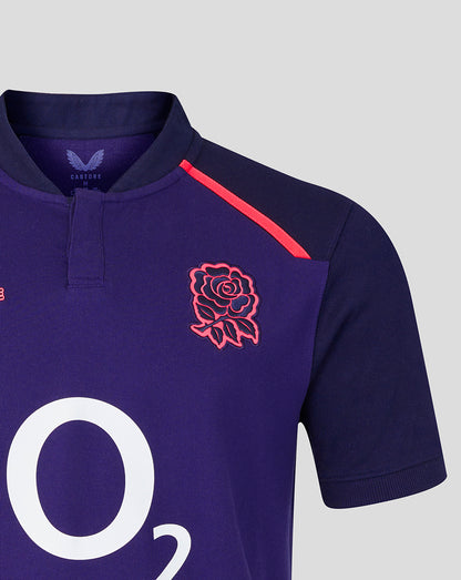 Navy rugby jersey with red rose emblem and 'O2' logo on a gray background