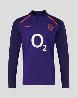 Purple long-sleeve shirt with red accents and branding on a gray background