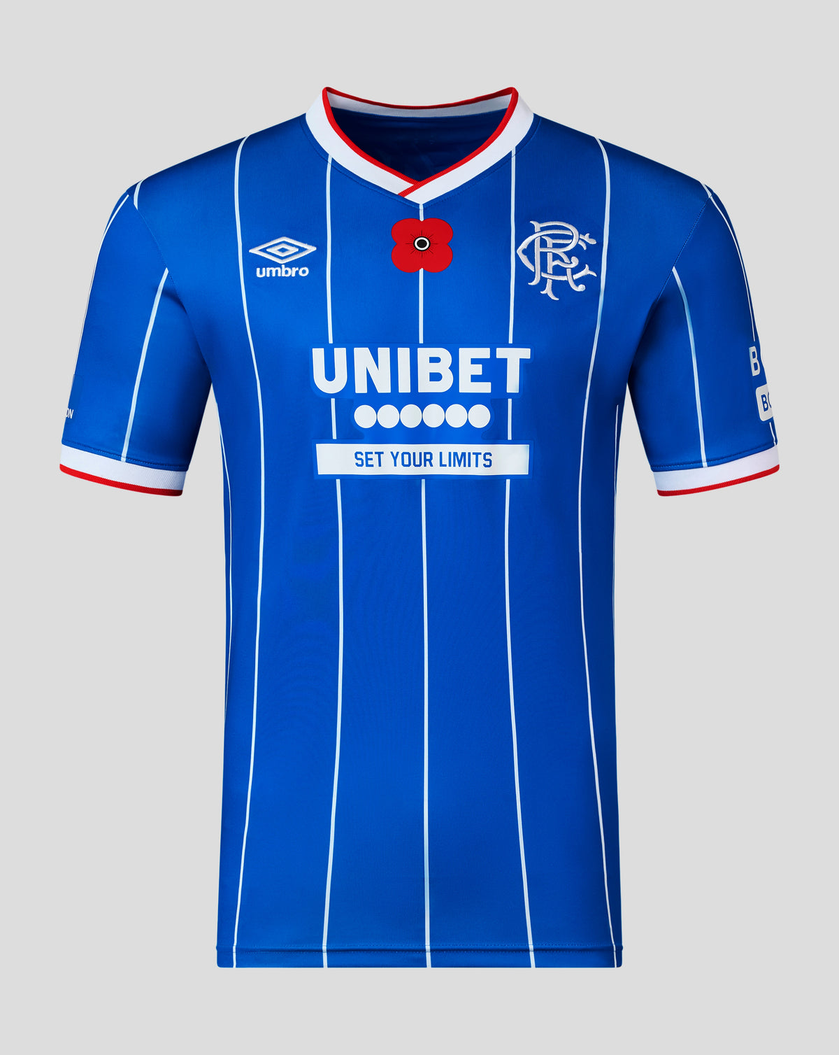 A blue short-sleeve soccer jersey with white vertical pinstripes, featuring the Umbro logo, the Rangers crest, a red poppy emblem, and 'UNIBET SET YOUR LIMITS' printed on the front, shown against a solid gray background.