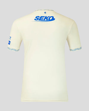 White t-shirt with blue and black text on a light gray background