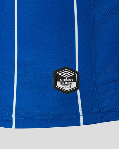 Blue sports shorts with white stripes and Umbro logo