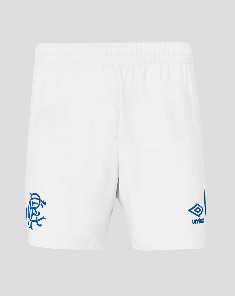 White shorts with blue logos on a light gray background