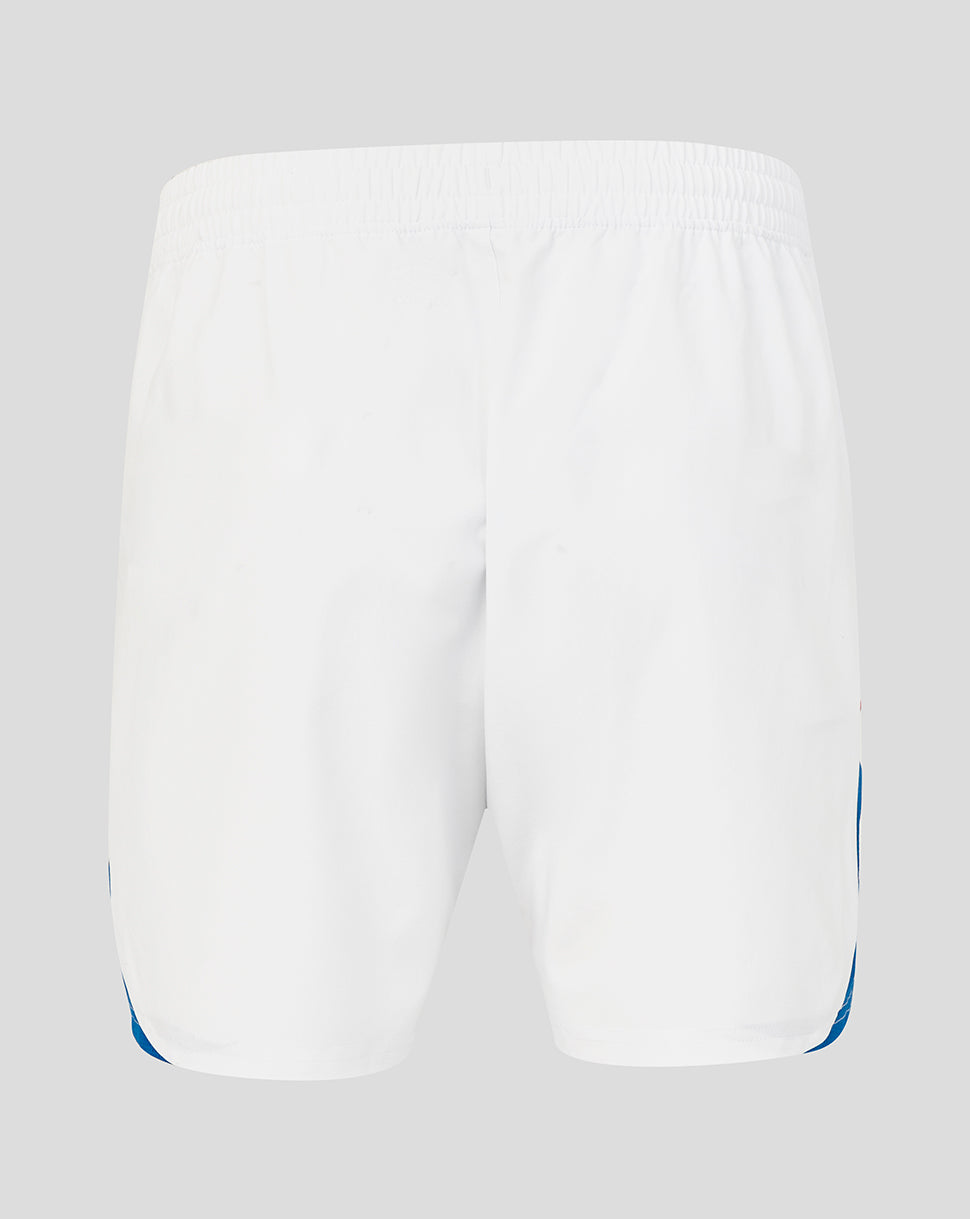 White shorts with blue accents on a light gray background