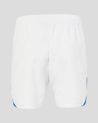 White shorts with blue accents on a light gray background