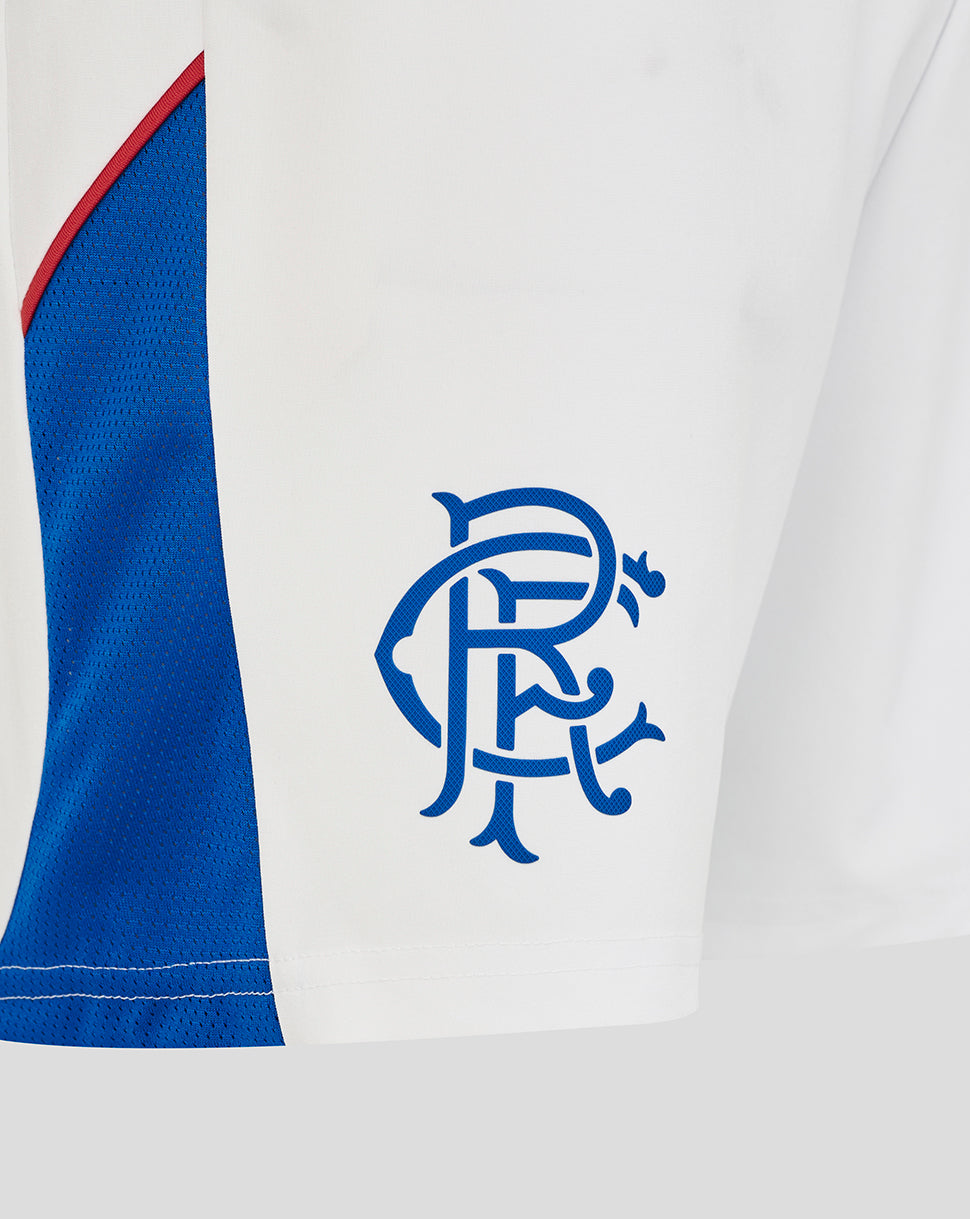 Close-up of a sports jersey with a blue and red logo on a white background