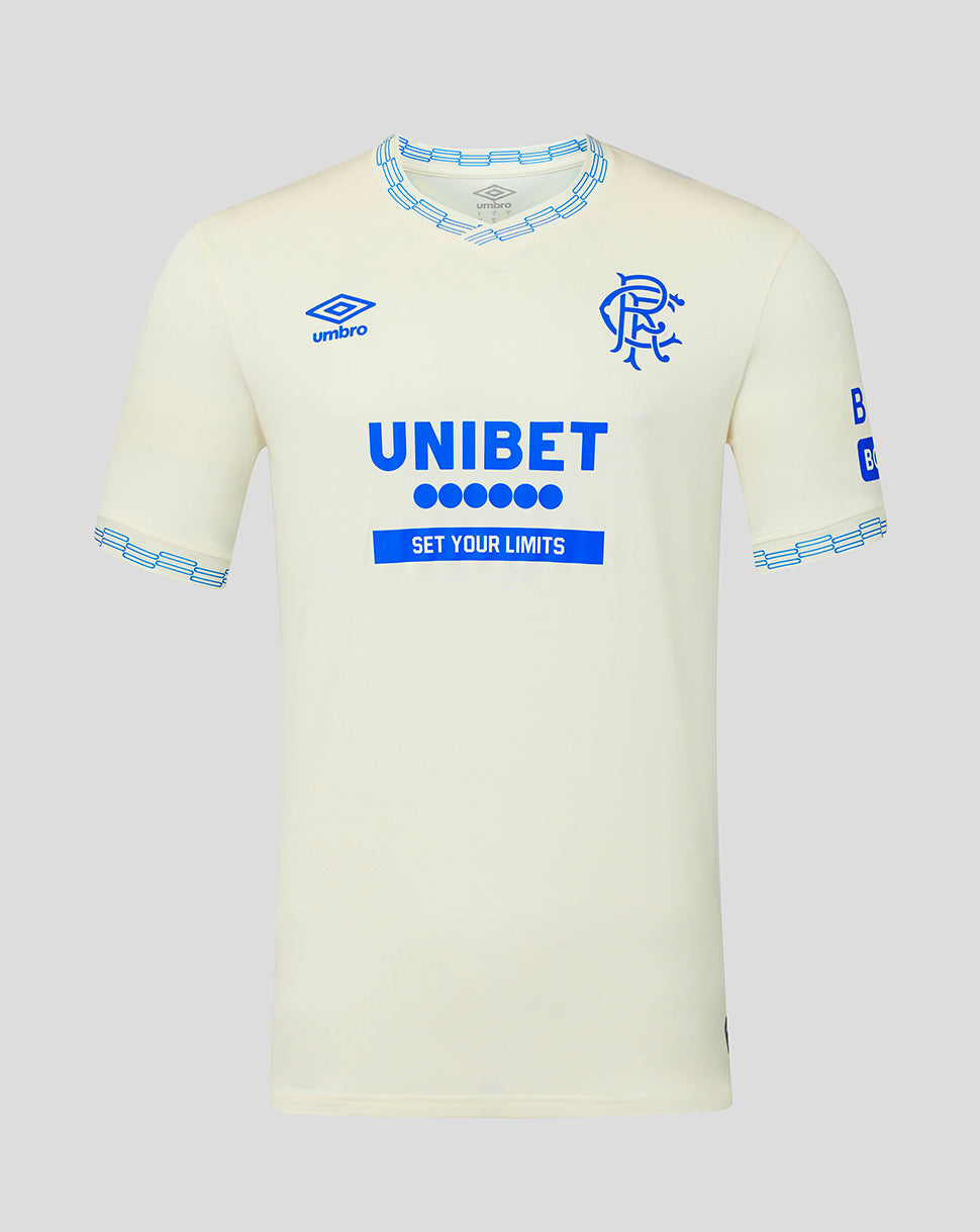 White sports jersey with blue branding on a light gray background