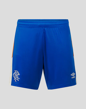 Blue shorts with a logo on a gray background