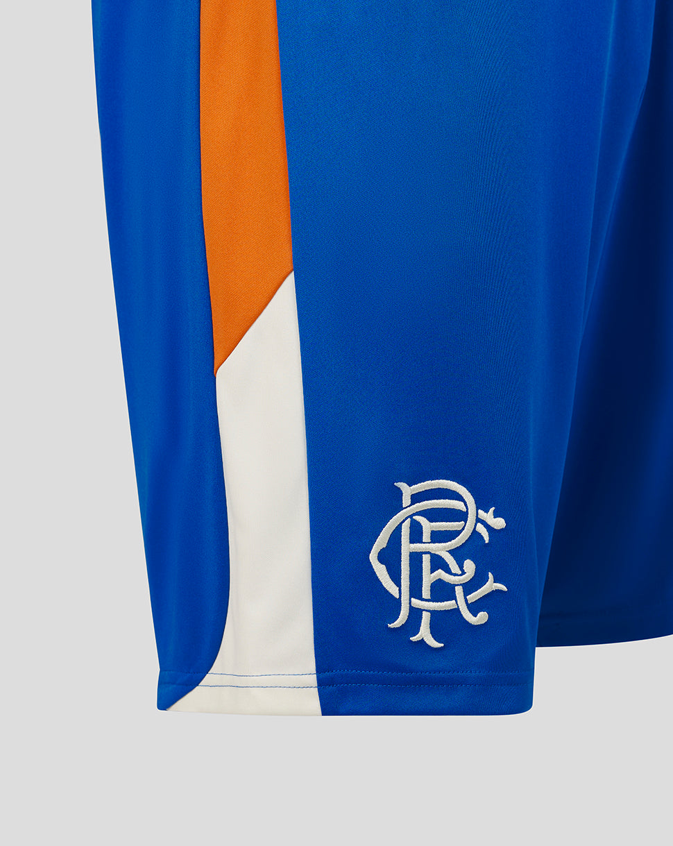 Blue sports jersey with orange and white accents on a light gray background