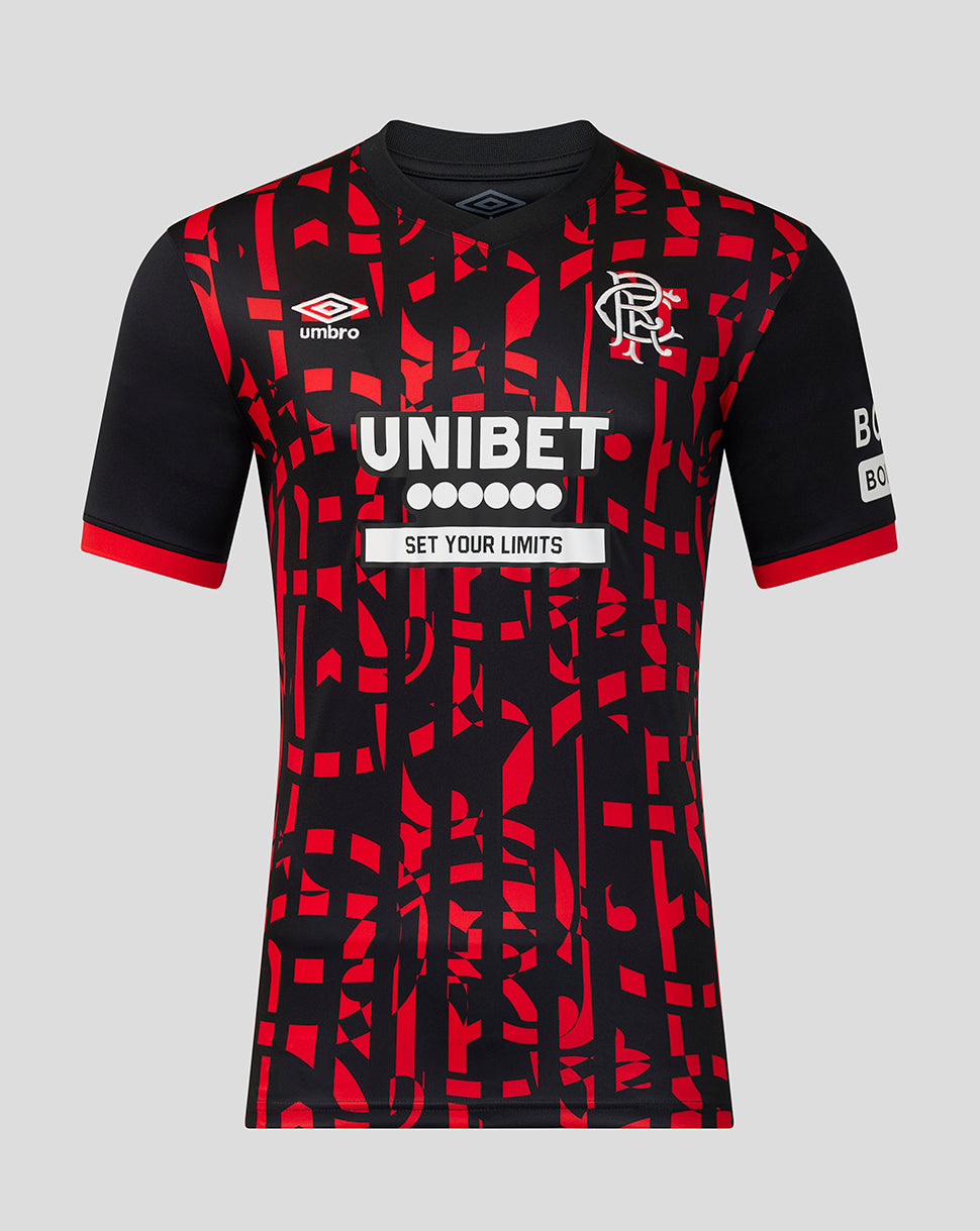 A Rangers jersey by Umbro, featuring a black and red abstract geometric pattern, with white logos and text on the chest, set against a solid gray background.